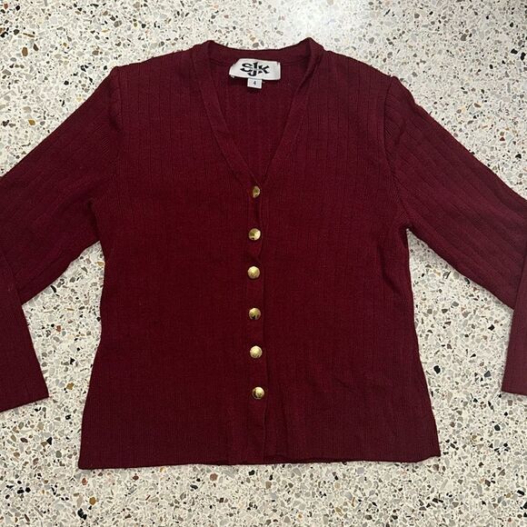 EUC St John burgundy ribbed cardigan sweater gold button 4 knit - Picture 1 of 7